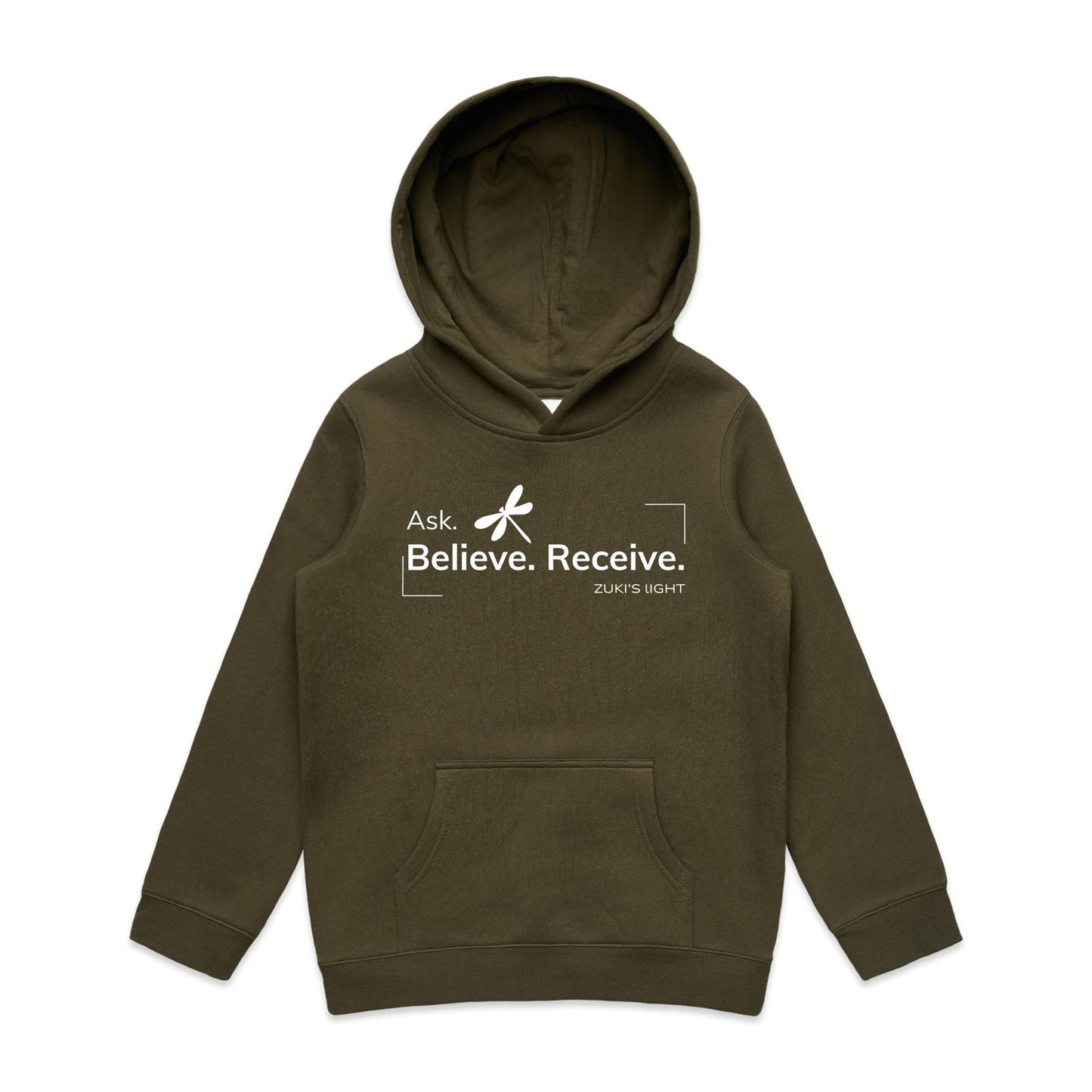 Ask Believe Recieve Dragonfly- Zuki's Light Branded AS Colour - Youth Supply Hood