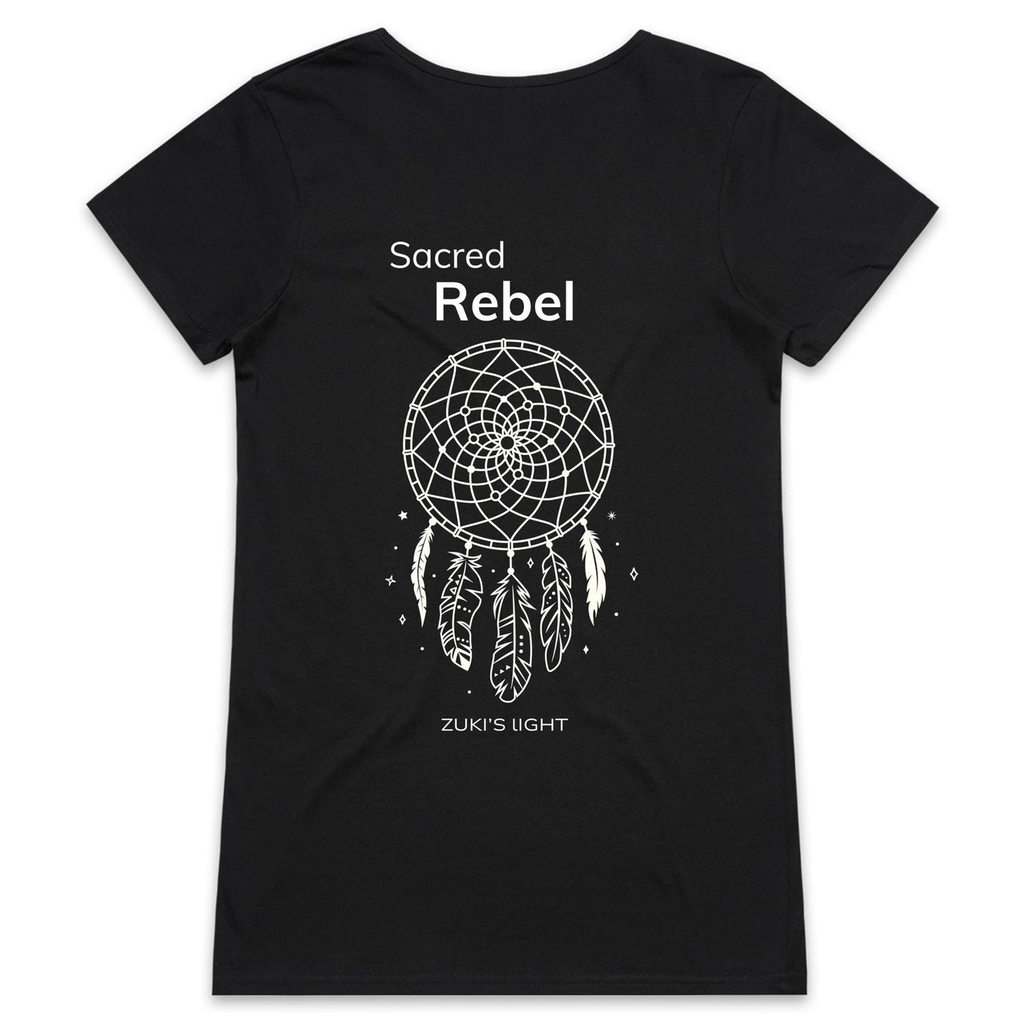 Sacred Rebel (back design only) Zuki's Light Branded AS Colour Bevel - Womens V-Neck T-Shirt