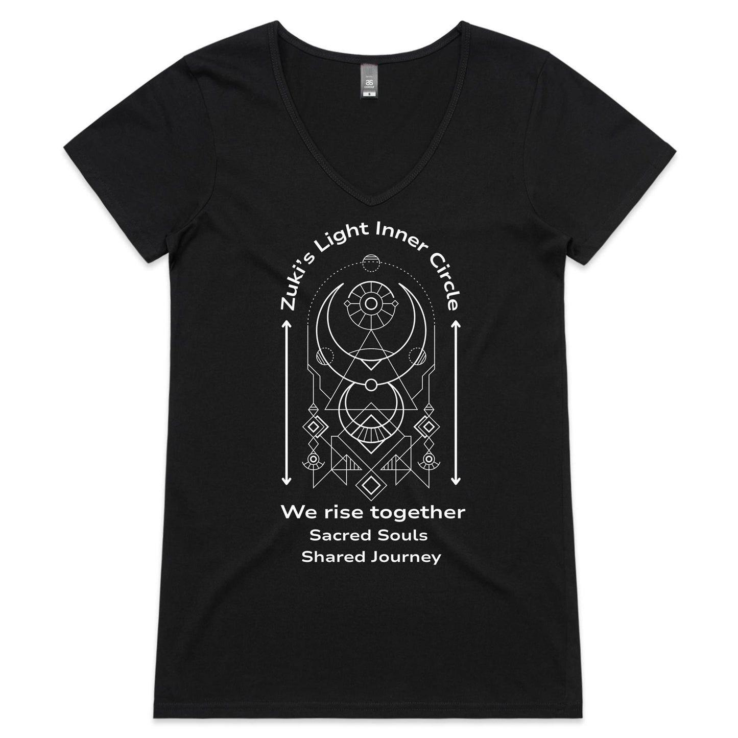 Zuki's Light Inner Circle- We Rise Together- Sacred Souls, Shared Journey- Zuki's Light Branded AS Colour Bevel - Womens V-Neck T-Shirt