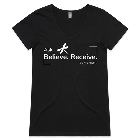Ask Believe, receive- Dragonfly- Zuki's Light Branded- AS Colour Bevel - Womens V-Neck T-Shirt