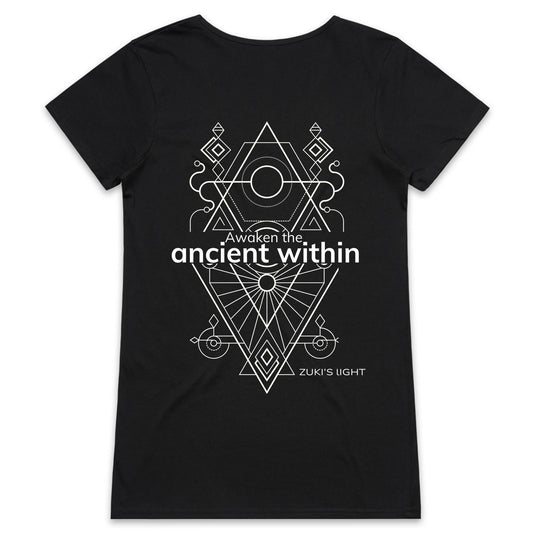 Awaken the ancient within (back design only)- Zuki's Light Branded AS Colour Bevel - Womens V-Neck T-Shirt