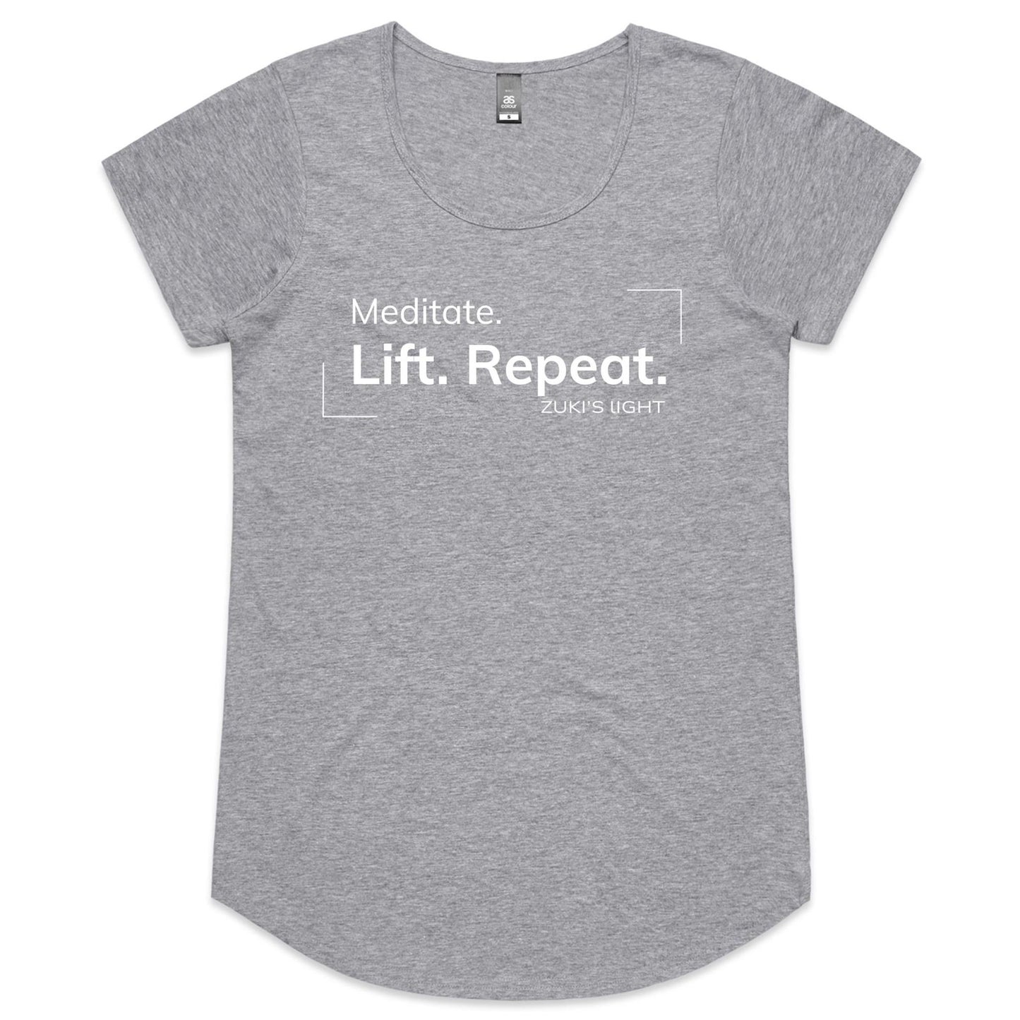 Meditate. Lift. Repeat- Zuki's Light Branded AS Colour Mali - Womens Scoop Neck T-Shirt