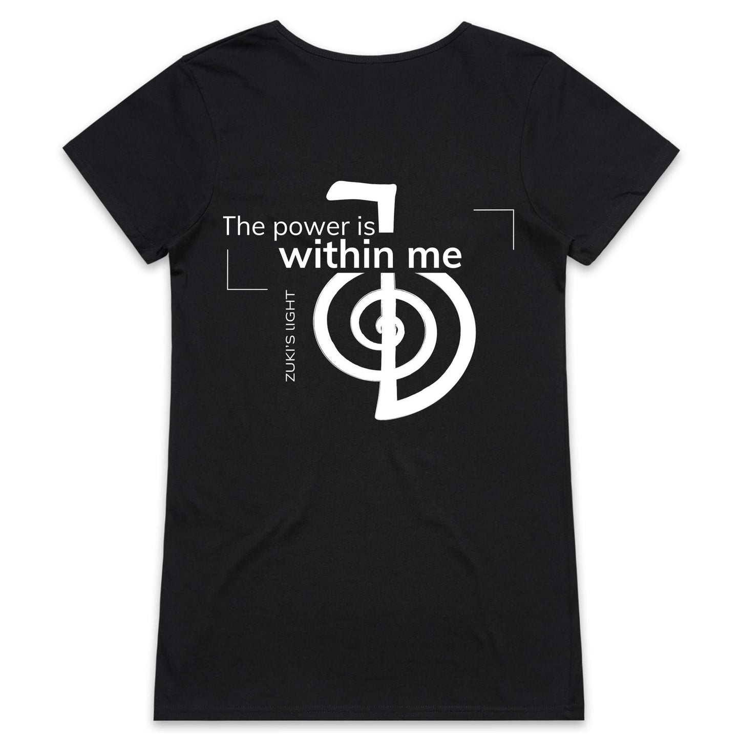 The power is within me- Reiki (back design only) Zuki's Light Inner Circle AS Colour Bevel - Womens V-Neck T-Shirt
