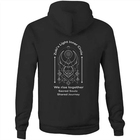 Zuki's Light Inner Circle- We rise together- Sacred Souls, Shared Journey- Zuki's Light Branded AS Colour Stencil - Pocket Hoodie Sweatshirt