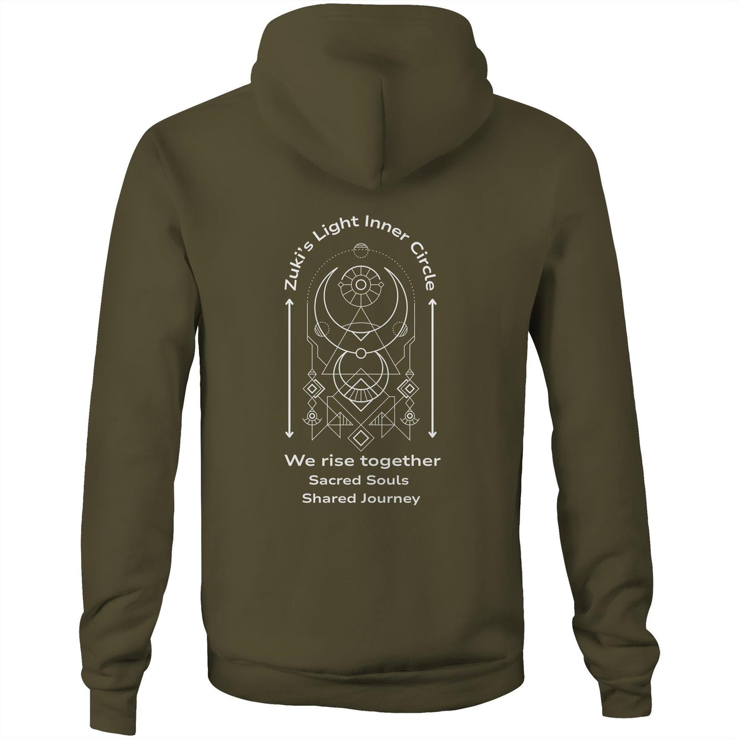 Zuki's Light Inner Circle- We rise together- Sacred Souls, Shared Journey- Zuki's Light Branded AS Colour Stencil - Pocket Hoodie Sweatshirt