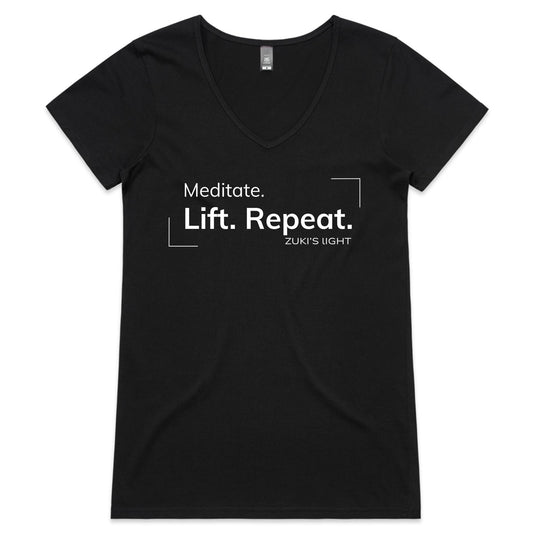 Meditate. Lift. Repeat- Zuki's Light Branded AS Colour Bevel - Womens V-Neck T-Shirt