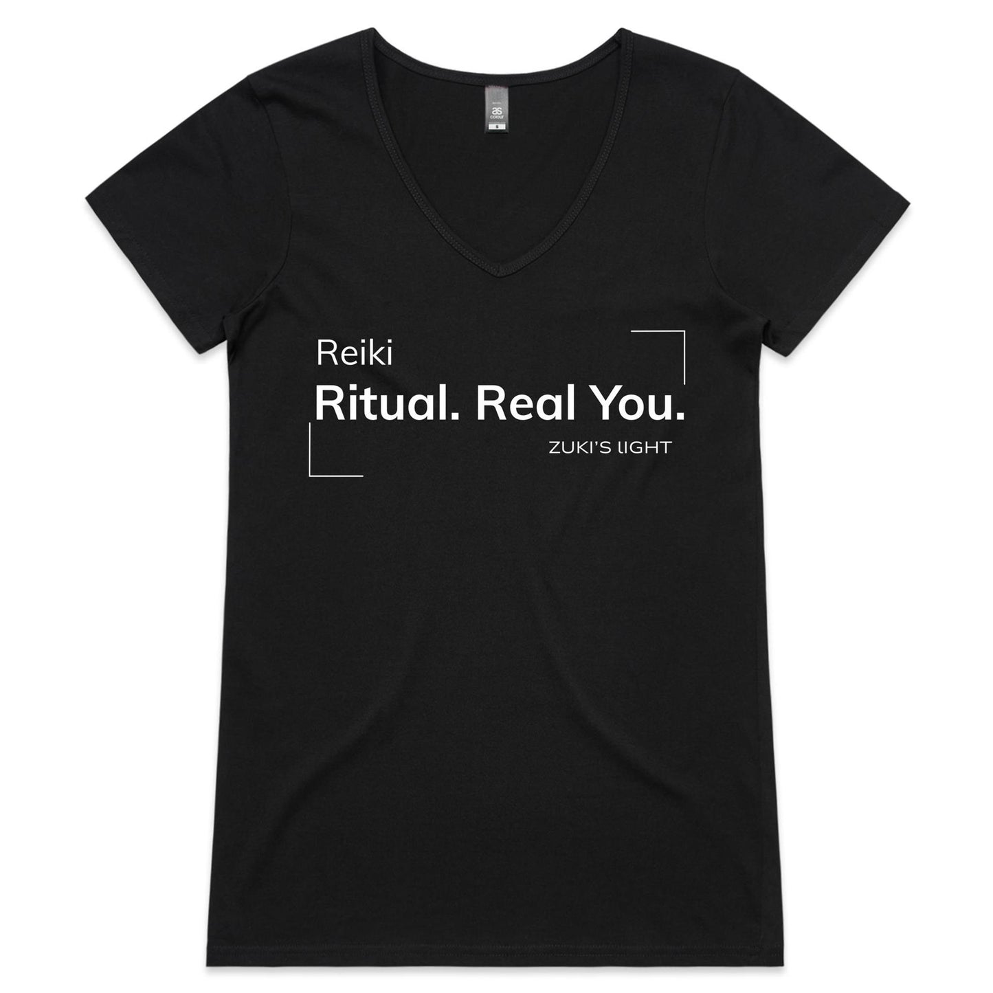 Reiki. Ritual. Real You- Zuki's Light Branded AS Colour Bevel - Womens V-Neck T-Shirt