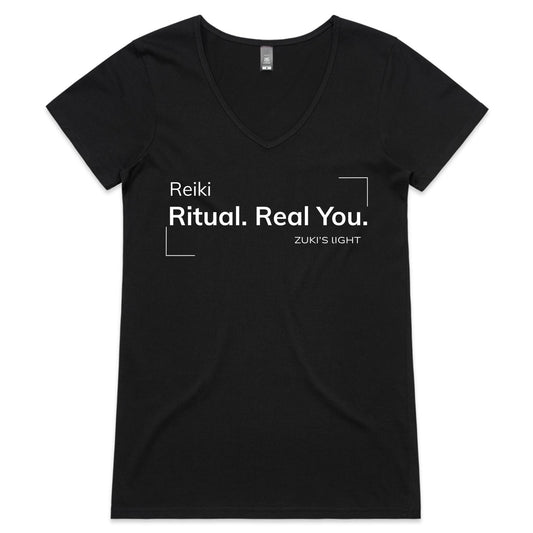 Reiki. Ritual. Real You- Zuki's Light Branded AS Colour Bevel - Womens V-Neck T-Shirt