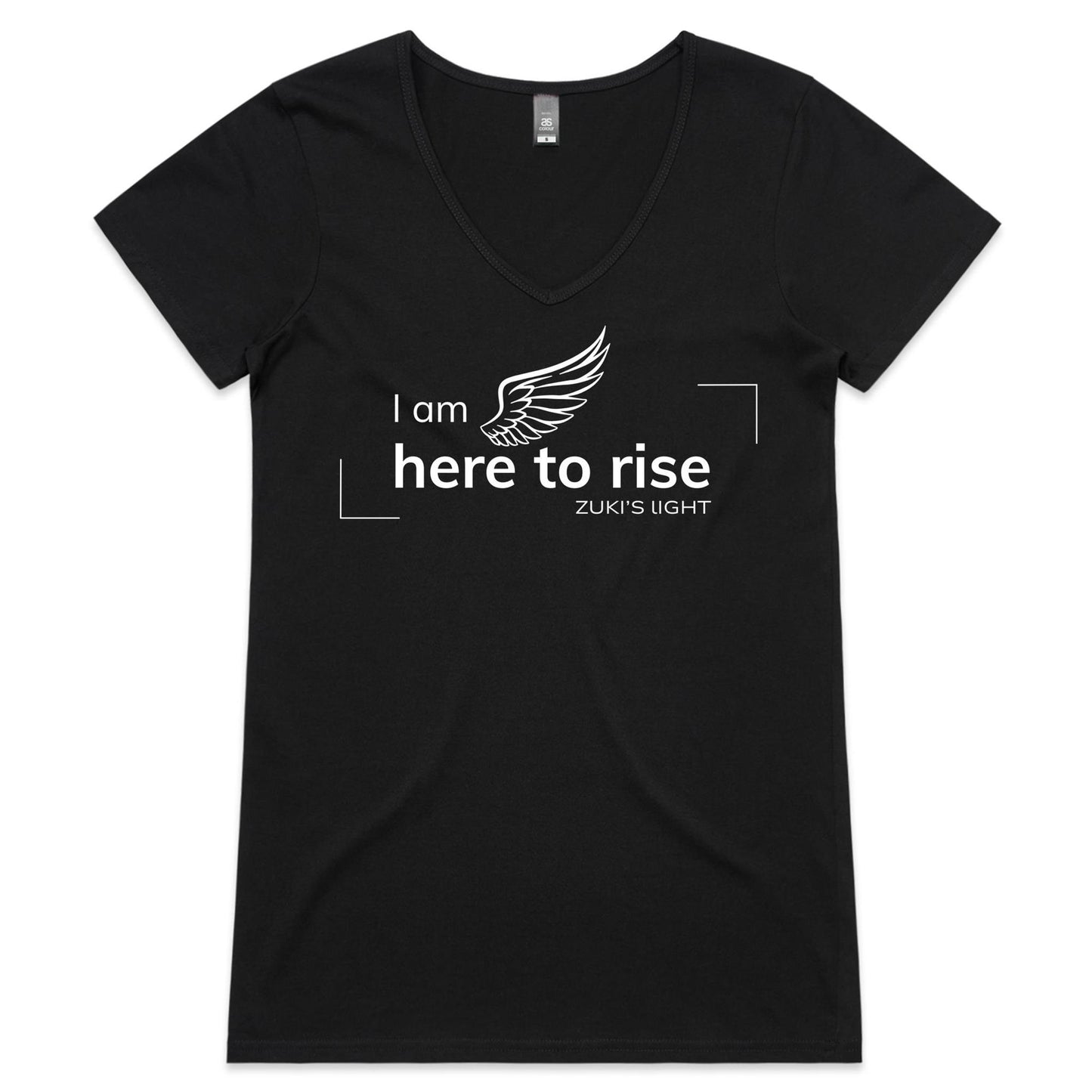 I am here to rise- Angel Wing- Zuki's Light Branded- AS Colour Bevel - Womens V-Neck T-Shirt