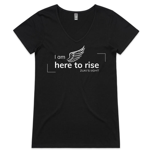 I am here to rise- Angel Wing- Zuki's Light Branded- AS Colour Bevel - Womens V-Neck T-Shirt