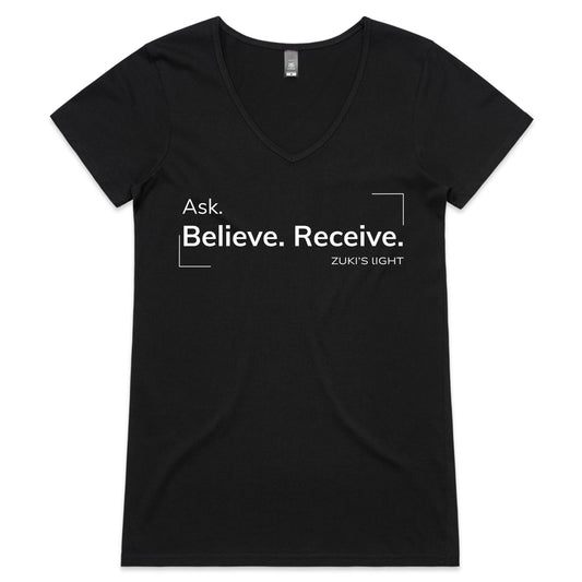 Ask believe, receive- Zuki's Light Branded- AS Colour Bevel - Womens V-Neck T-Shirt