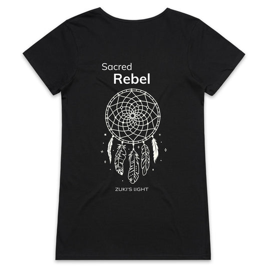 Sacred Rebel (back design only) Zuki's Light Branded AS Colour Bevel - Womens V-Neck T-Shirt