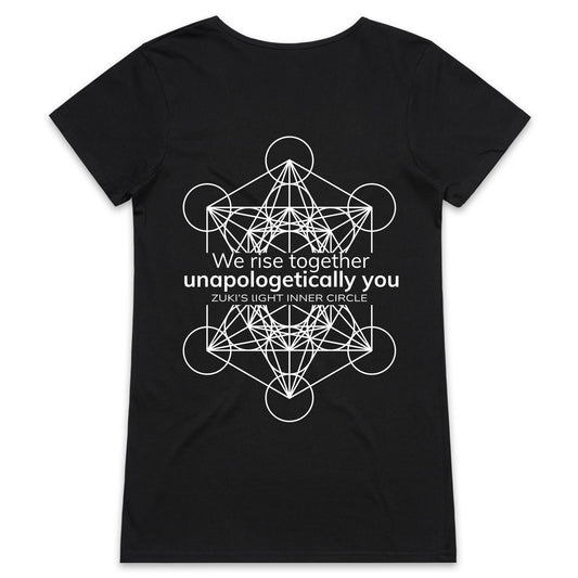 We rise together- Unapologetically you Metatrons Cube- Zuki's Light Inner Circle (Back design only) AS Colour Bevel - Womens V-Neck T-Shirt
