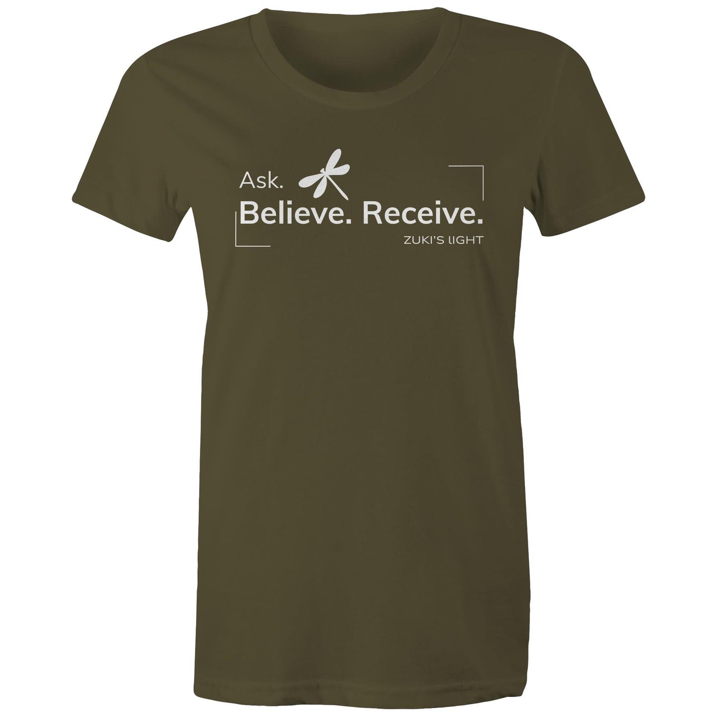 Ask, Believe, Recieve Dragonfly- Zuki's Light Branded AS Colour - Women's Maple Tee