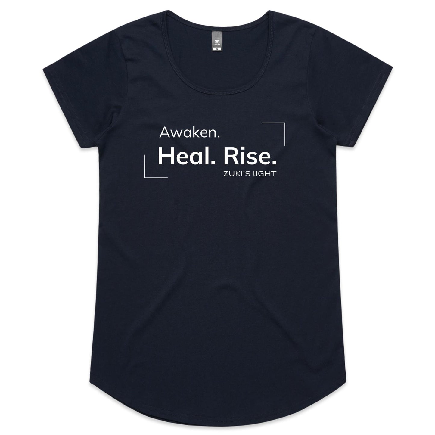 Awaken. Heal. Rise- Zuki's Light Branded AS Colour Mali - Womens Scoop Neck T-Shirt