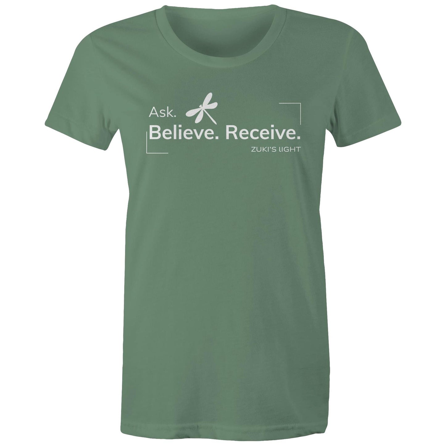 Ask, Believe, Recieve Dragonfly- Zuki's Light Branded AS Colour - Women's Maple Tee