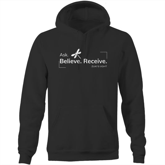 Ask. Believe. Receive. Dragonfly- Zuki's Light Branded AS Colour Stencil - Pocket Hoodie Sweatshirt