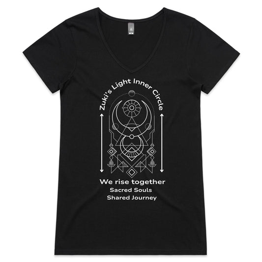 Zuki's Light Inner Circle- We Rise Together- Sacred Souls, Shared Journey- Zuki's Light Branded AS Colour Bevel - Womens V-Neck T-Shirt