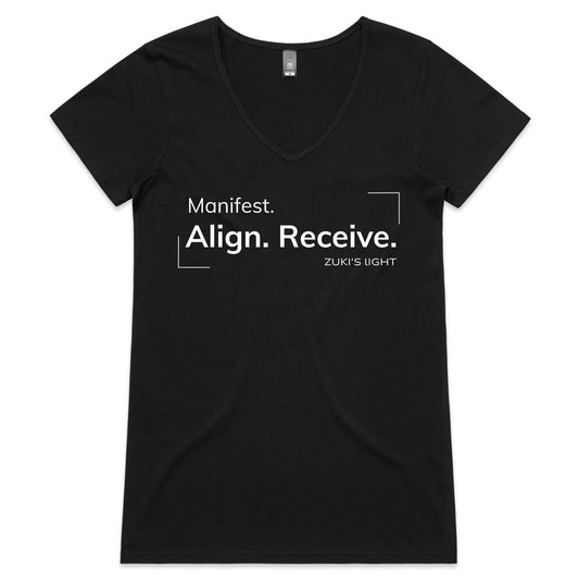 Manifest align, receive- Zuki's Light Branded- AS Colour Bevel - Womens V-Neck T-Shirt