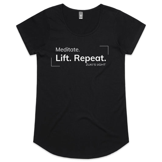 Meditate. Lift. Repeat- Zuki's Light Branded AS Colour Mali - Womens Scoop Neck T-Shirt