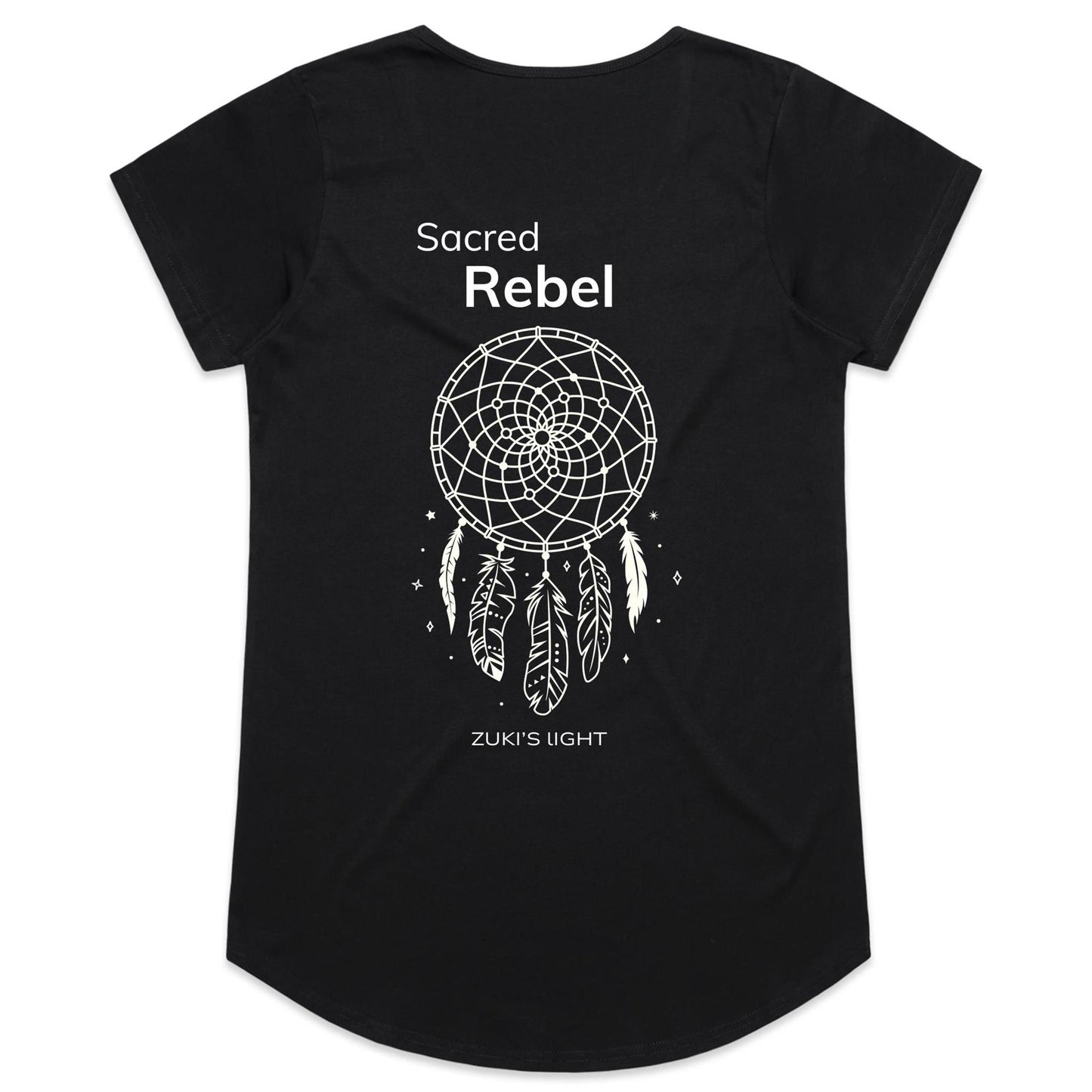 Sacred Rebel (back design only) Zuki's Light Branded AS Colour Mali - Womens Scoop Neck T-Shirt