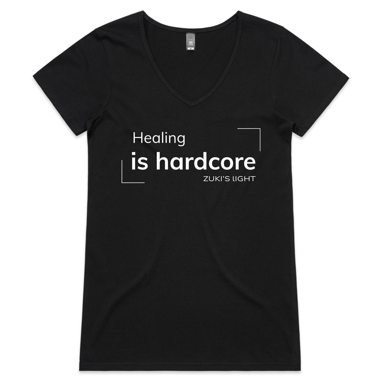 Healing is hardcore- Zuki's Light Branded AS Colour Bevel - Womens V-Neck T-Shirt